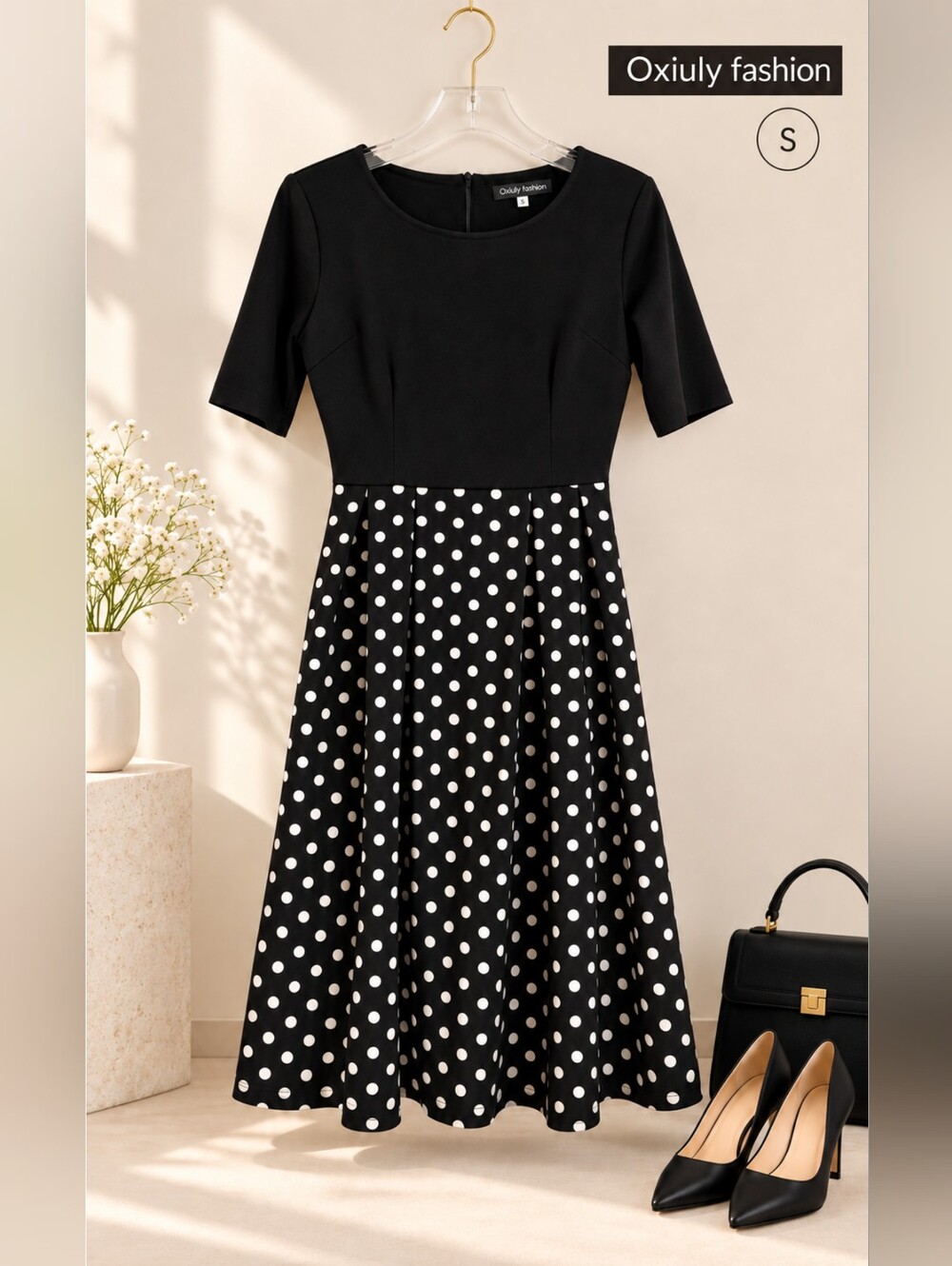 EUC Oxiuly Fashion Classic Black & White Polka Dot A-line Dress, Size Small